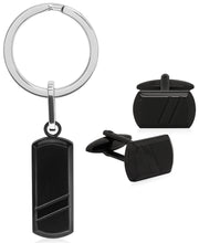 Load image into Gallery viewer, Sutton Black Stainless Steel Stripe Cufflinks and Key Ring Set