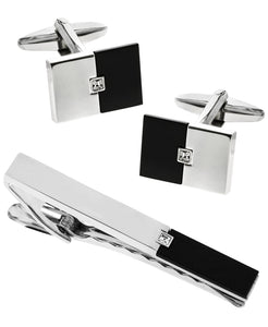 Sutton Stainless Steel and Black Cufflinks and Tie Clip Set