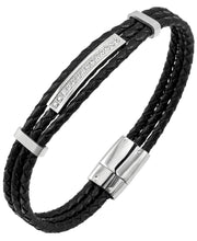 Load image into Gallery viewer, Sutton Stainless Steel and Braided Leather Bracelet with Cubic Zirconia StationsSutton Stainless Steel And Braided Leather Bracelet With Cubic Zirconia Stations