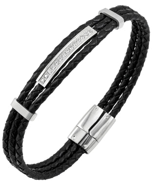 Sutton Stainless Steel and Braided Leather Bracelet with Cubic Zirconia StationsSutton Stainless Steel And Braided Leather Bracelet With Cubic Zirconia Stations