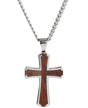 Load image into Gallery viewer, Sutton Stainless Steel Wood Inset Cross Pendant Necklace