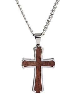 Sutton Stainless Steel Wood Inset Cross Pendant Necklace