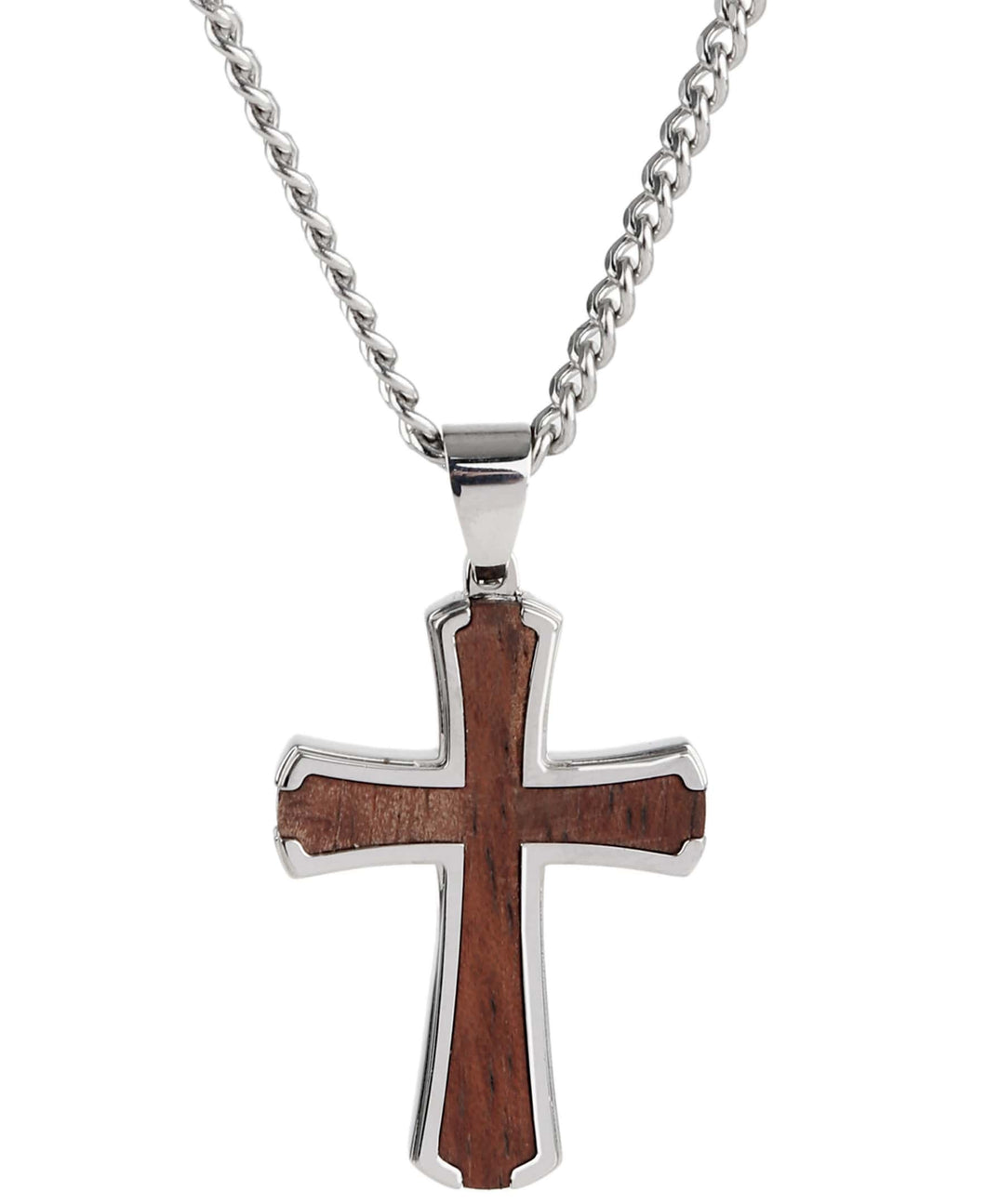 Sutton Stainless Steel Wood Inset Cross Pendant Necklace