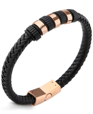 Sutton Two-Tone Stainless Steel Braided Leather Station Bracelet