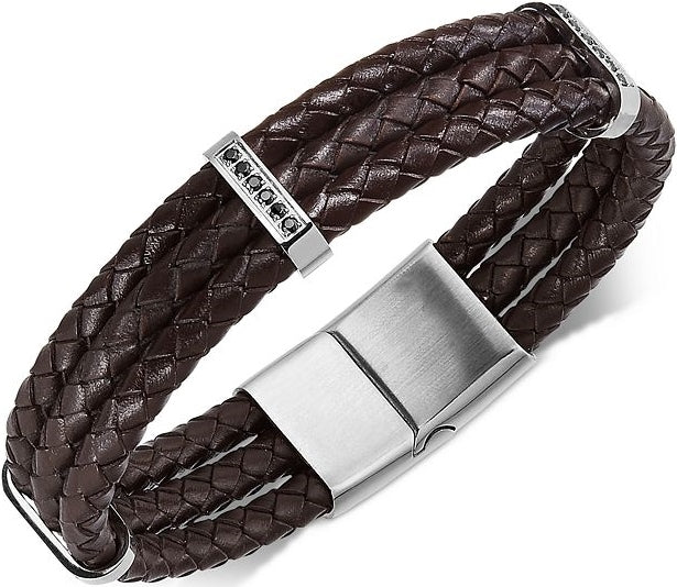 Men's Stainless Steel Braided Leather and Cubic Zirconia Three-Row Bracelet