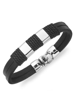 Men's Stainless Steel Leather Strap Station Bracelet