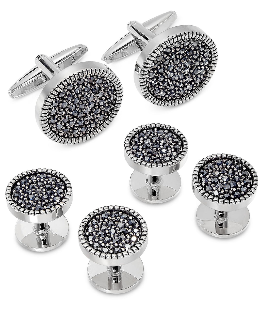 Sutton by Men's Silver-Tone Jet Cubic Zirconia Cufflinks & Tuxedo Buttons Set