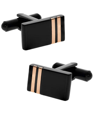 Sutton Stainless Steel Black Cufflinks with Double Rose Gold Stripe