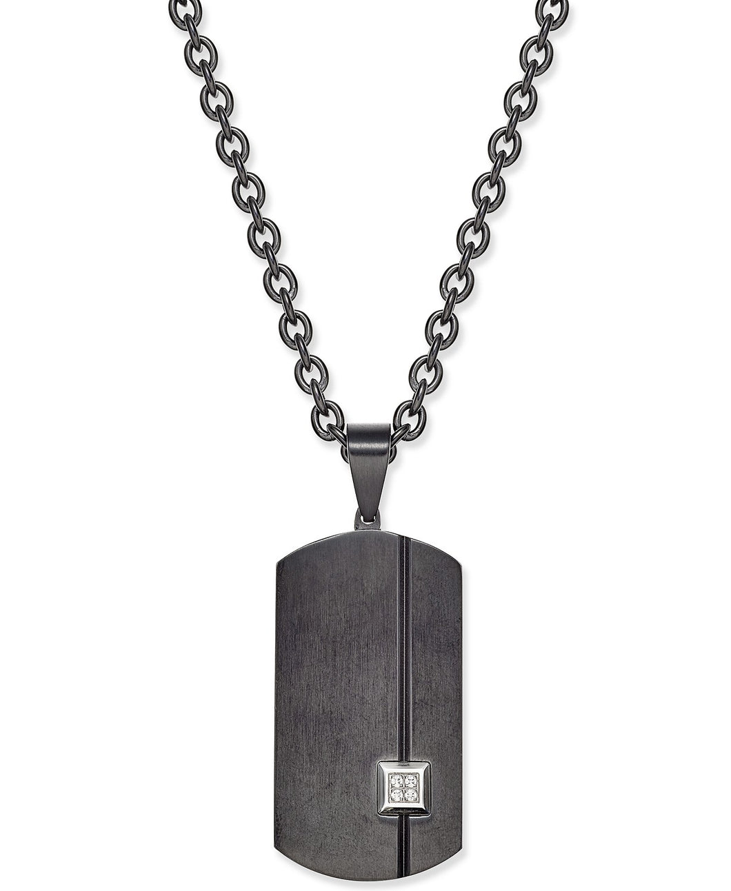 Men's Black Stainless Steel Pavé Dog Tag Pendant Necklace