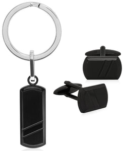 Sutton Black Stainless Steel Stripe Cufflinks and Key Ring Set