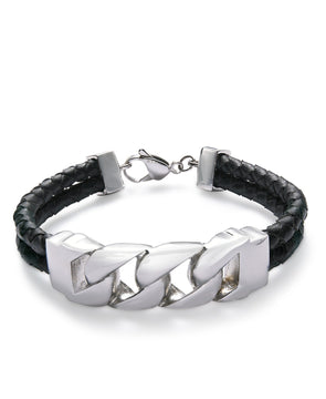 Men's Stainless Steel Black Leather Bracelet