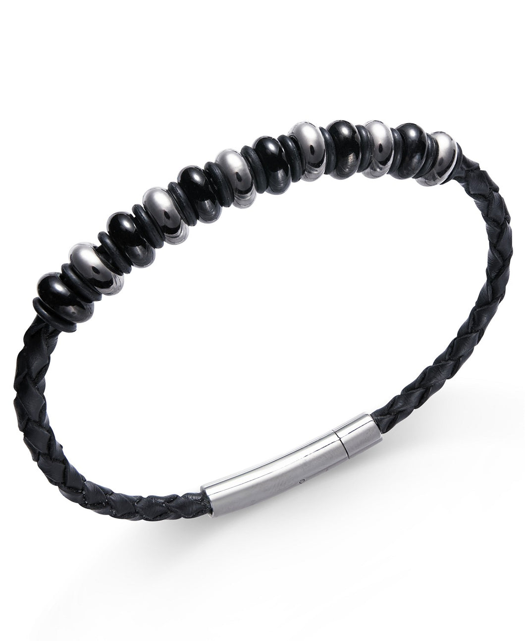Men's Stainless Steel Multi-Bead Leather Bracelet