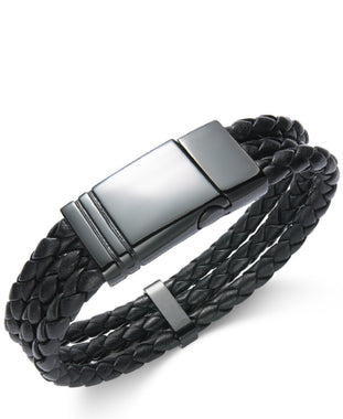 Men's Black Stainless Steel Triple Row Braided Leather Bracelet