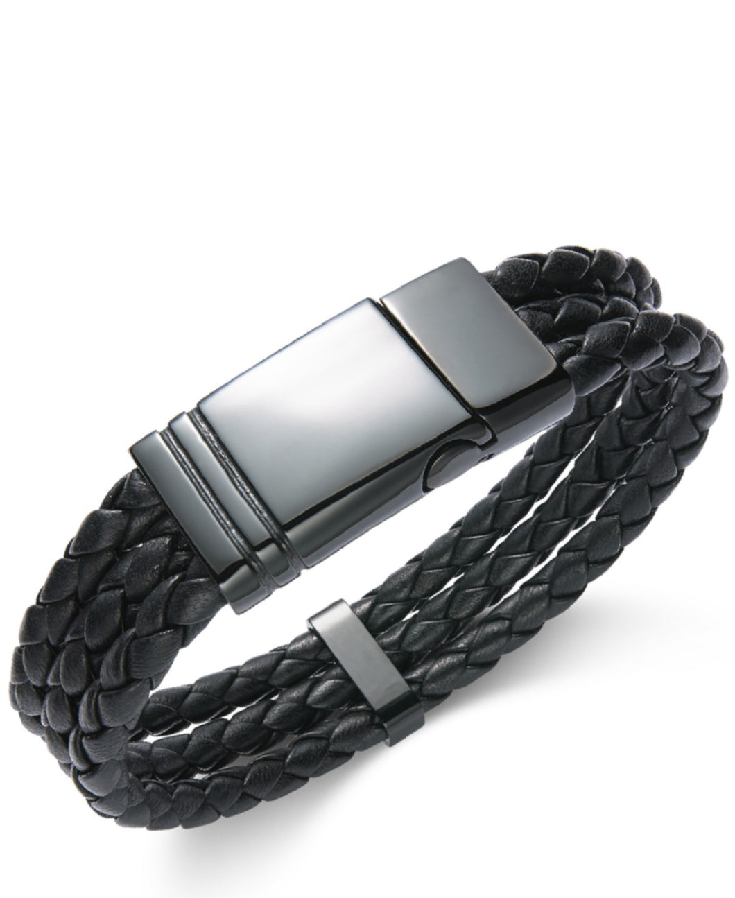 Men's Black Leather and Steel Braided Bracelet 