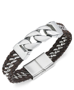 Men's Stainless Steel & Leather Woven Bracelet
