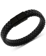 Load image into Gallery viewer, Men&#39;s Black-Tone Stainless Steel &amp; Braided Leather Stretch Bracelet