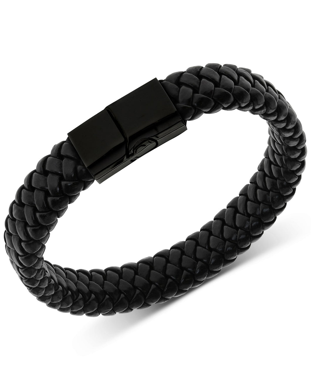 Men's Black-Tone Stainless Steel & Braided Leather Stretch Bracelet