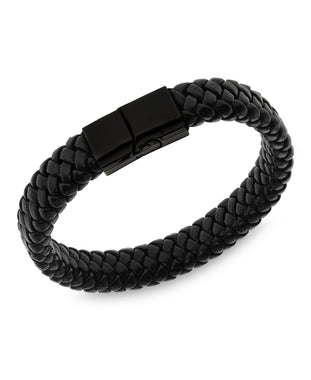 Men's Black-Tone Stainless Steel & Braided Leather Stretch Bracelet