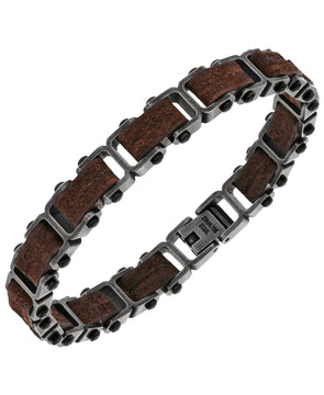 Sutton Stainless Steel Gunmetal and Brown Leather Link Bracelet