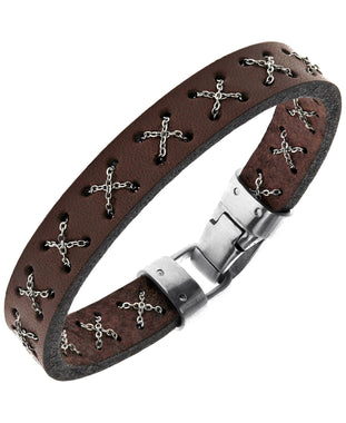 Sutton Stainless Steel Crossed Chain Brown Leather Bracelet