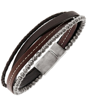 Sutton Stainless Steel Brown Leather and Hematite Multi-Strand Bracelet