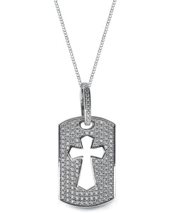 Sutton Sterling Silver Cross Cutout Cubic Zirconia Dog Tag Pendant Necklace