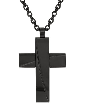 Sutton Black Stainless Steel Stripe Cross Pendant Necklace