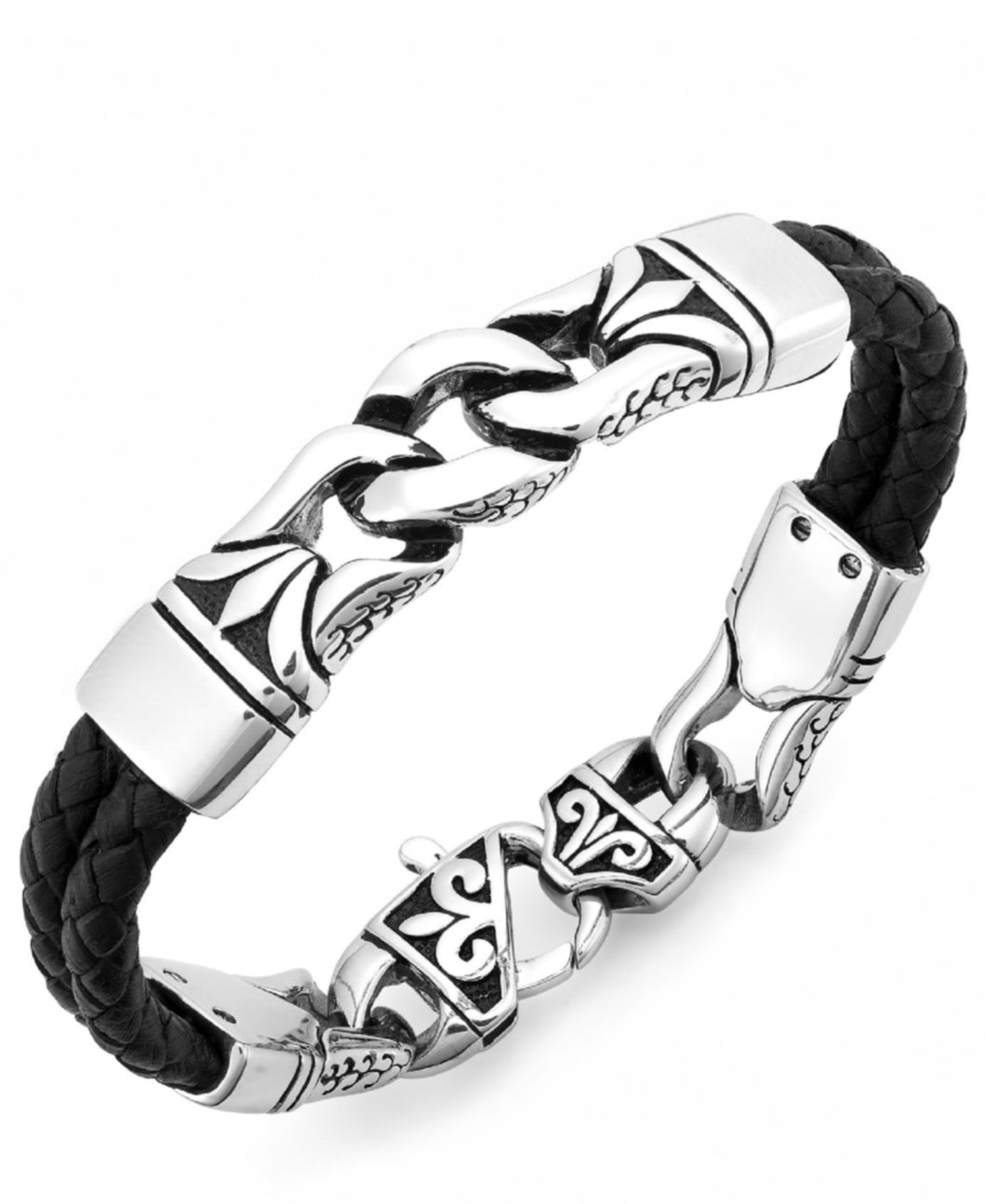 Men's Stainless Steel Link and Braided Leather Bracelet
