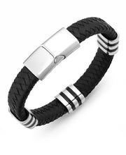Load image into Gallery viewer, Men&#39;s Stainless Steel Striped Station and Herringbone Leather Bracelet