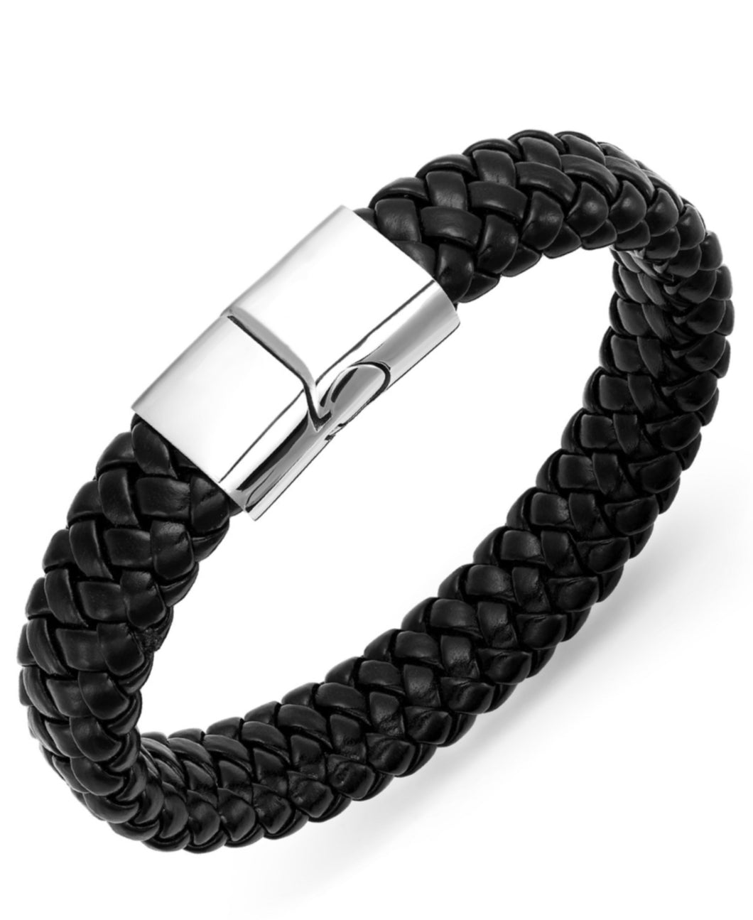 Men's Stainless Steel Clasp and Black Braided Leather Bracelet