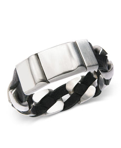 Stainless Steel and Black Leather Chain Bracelet